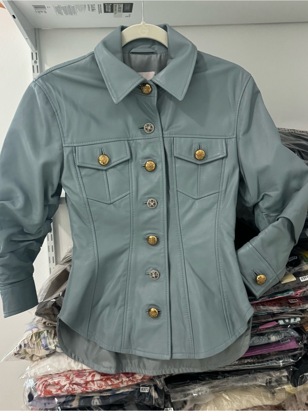 Women’s Light Blue Faux Leather Button-Front Jacket